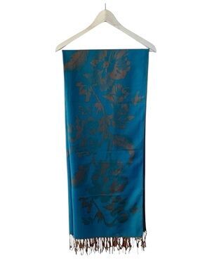 Pashmina Shawl Floral Blue and Tan Boho Scarf Fringe Lightweight
